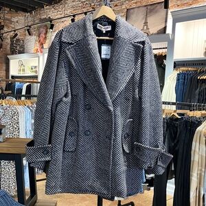 Free People Black and White Herringbone Pea Coat